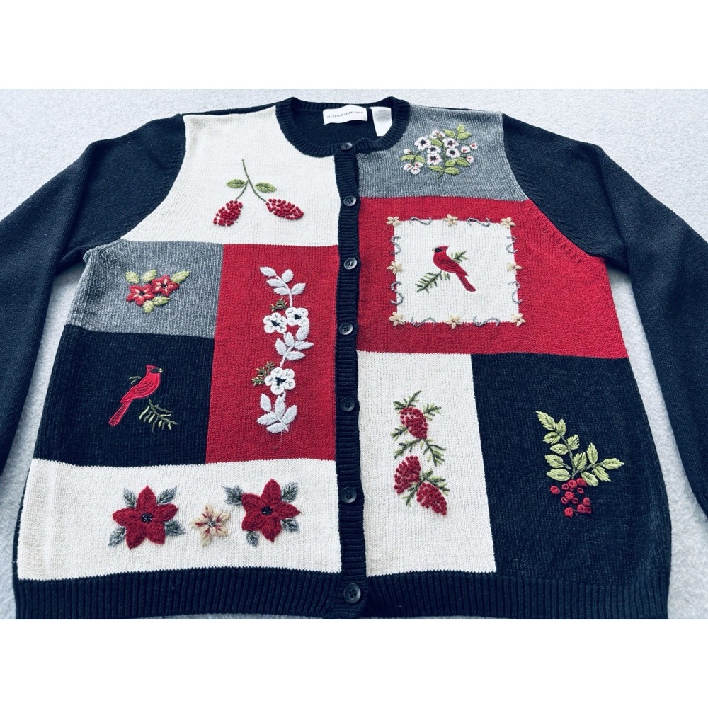 Alfred Dunner Women's Sweater Christmas Black Red Cardinal Floral  Cardigan XL